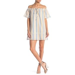 JOA Striped‎ Off The Shoulder Dress Womens Small Blue Tan Lace Up Mini BC5279